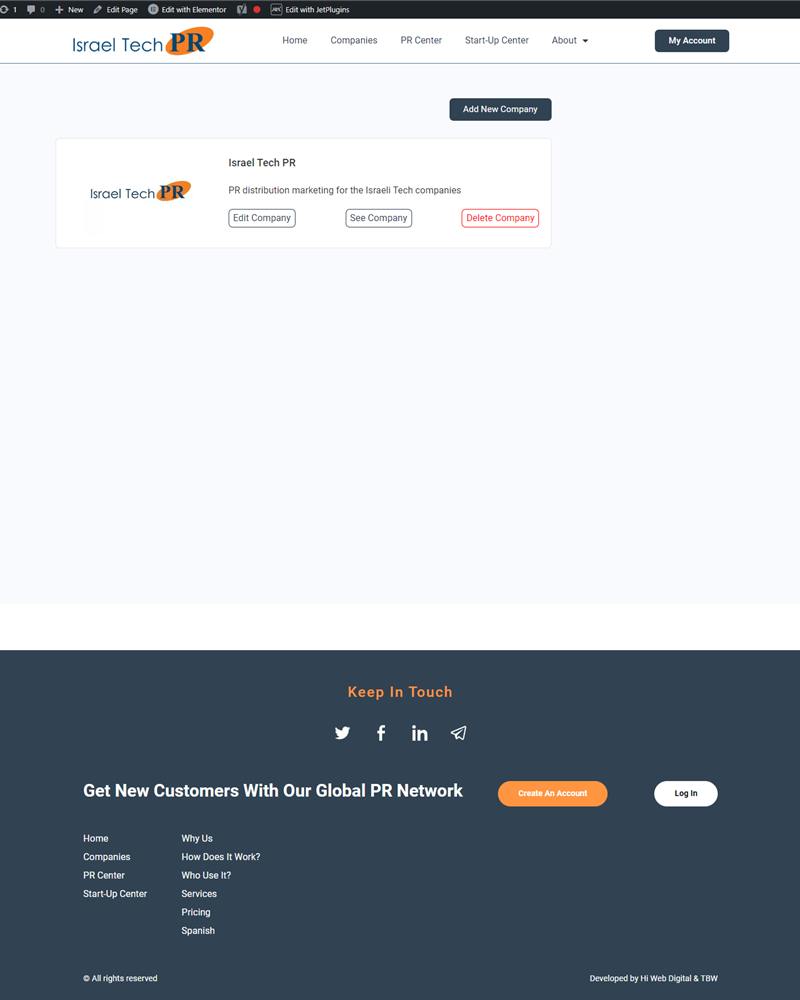 Israel Tech PR, user dashboard